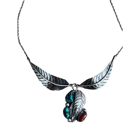 Sterling Silver Turquoise Coral Signed GN Collar Necklace - Picture 1 of 7